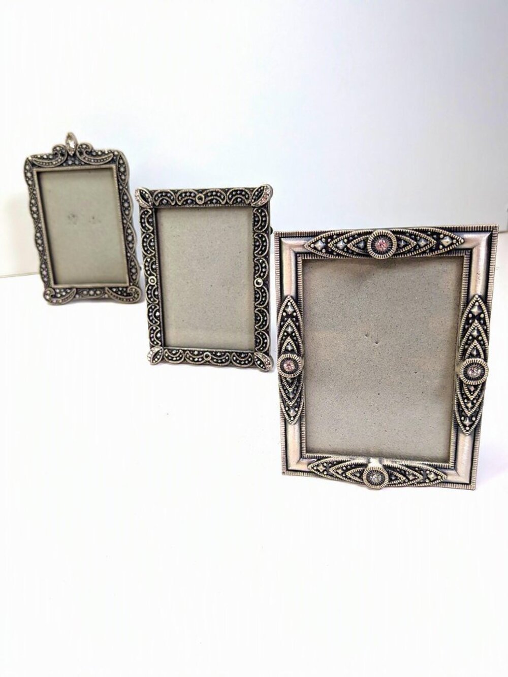 VTG Burnes of Boston Jeweled Mini Picture Frames Trio Pewter Tone Set of 3